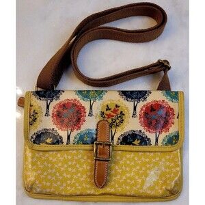 Fossil Coated Canvas Yellow Birds Trees Crossbody Purse Vintage